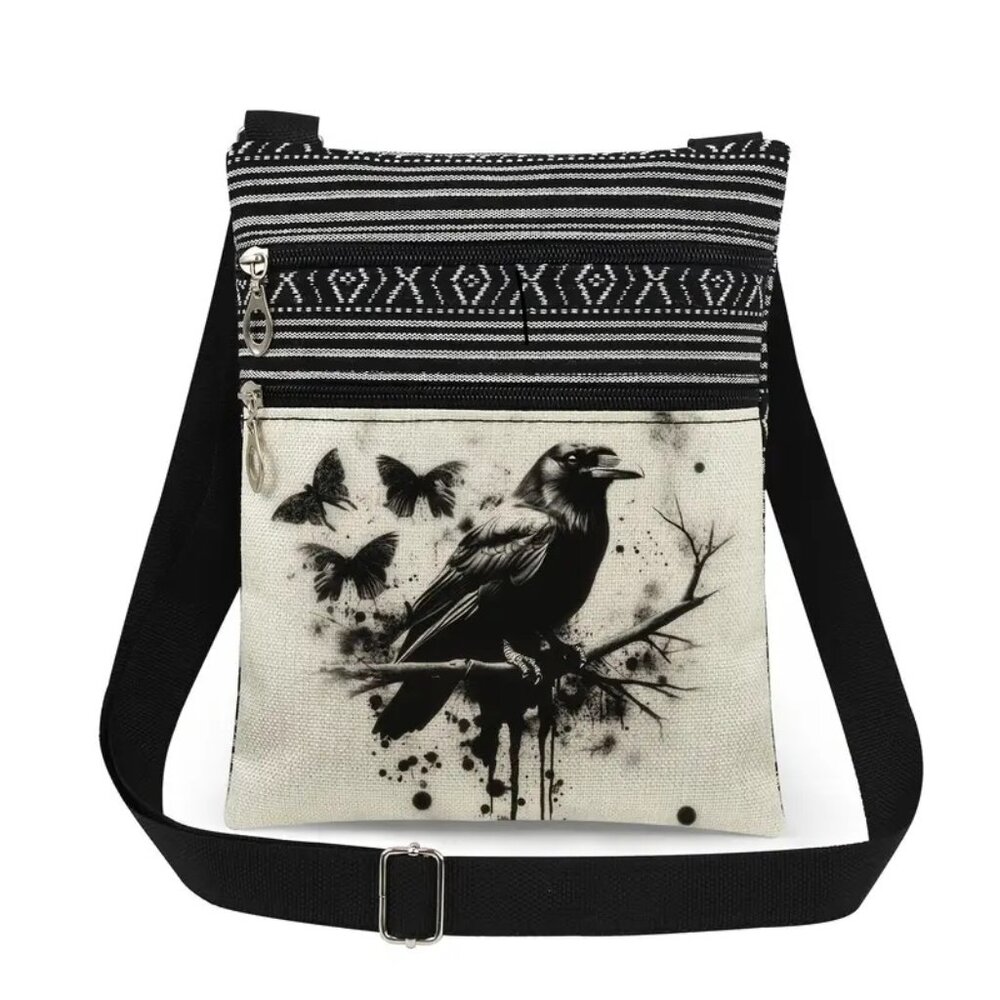 Fall/Halloween Woman Crossbody lightweight soft Canvas Bag. Raven/Butterfly. New